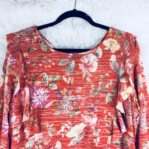Lauren Conrad Red‎ Floral Ruffle Long Sleeve Top - Picture 2 of 7